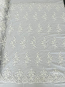 FLORAL DAMASK BEADED LACE ON MESH FABRIC (By The Yard) - New Creations Fabric & Foam Inc