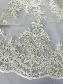 FLORAL DAMASK BEADED LACE ON MESH FABRIC (By The Yard) - New Creations Fabric & Foam Inc