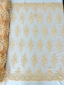 FLORAL DAMASK BEADED LACE ON MESH FABRIC (By The Yard) - New Creations Fabric & Foam Inc