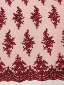 FLORAL DAMASK BEADED LACE ON MESH FABRIC (By The Yard) - New Creations Fabric & Foam Inc
