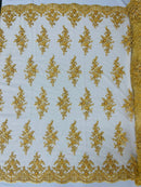 FLORAL DAMASK BEADED LACE ON MESH FABRIC (By The Yard) - New Creations Fabric & Foam Inc