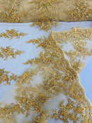 FLORAL DAMASK BEADED LACE ON MESH FABRIC (By The Yard) - New Creations Fabric & Foam Inc