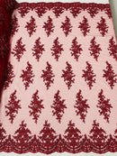 FLORAL DAMASK BEADED LACE ON MESH FABRIC (By The Yard) - New Creations Fabric & Foam Inc