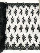 FLORAL DAMASK BEADED LACE ON MESH FABRIC (By The Yard) - New Creations Fabric & Foam Inc