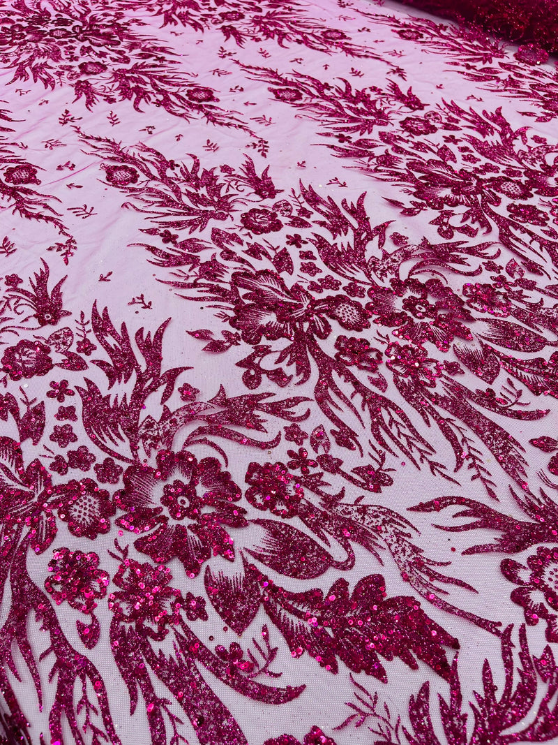 Big Glitter Damask Design On A Mesh Lace Fabric/Prom/Sold By The Yard
