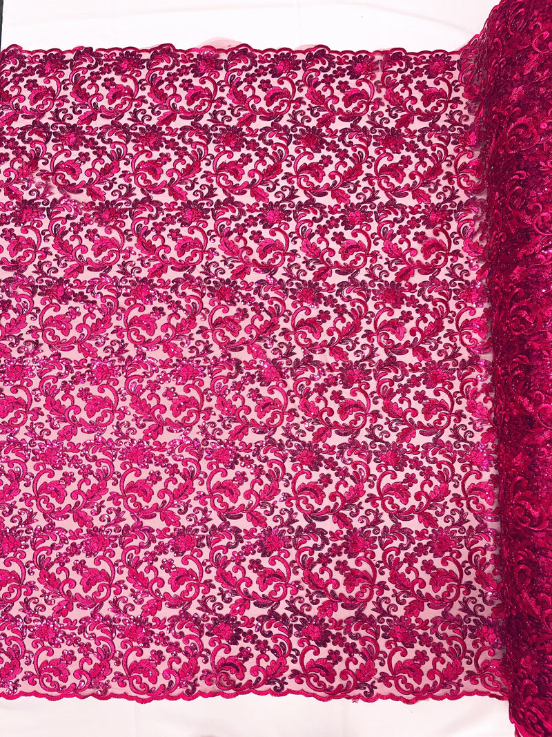 Fuchsia Angela Metallic corded embroider flowers with sequins on a mesh lace fabric-prom-sold by the yard.