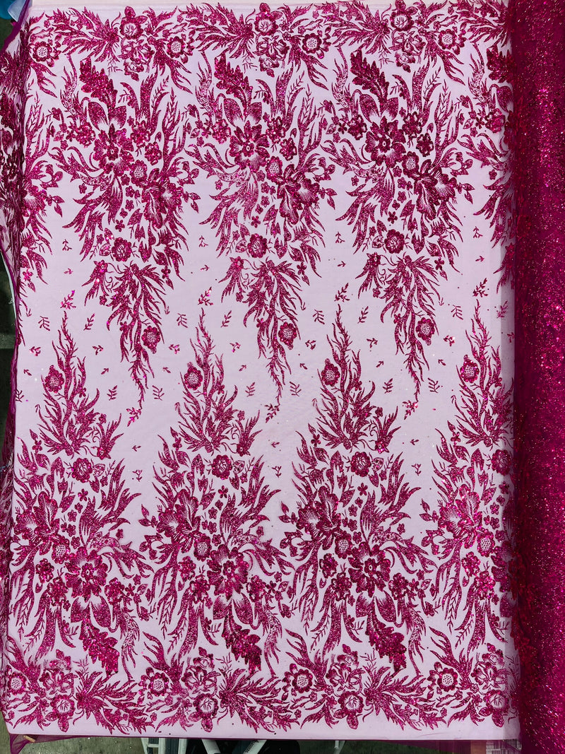 Big Glitter Damask Design On A Mesh Lace Fabric/Prom/Sold By The Yard