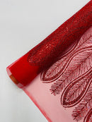 GLITTER FEATHER DAMASK DESIGN MESH LACE FABRIC (By The Yard) - New Creations Fabric & Foam Inc