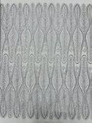 GLITTER FEATHER DAMASK DESIGN MESH LACE FABRIC (By The Yard) - New Creations Fabric & Foam Inc