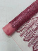 GLITTER FEATHER DAMASK DESIGN MESH LACE FABRIC (By The Yard) - New Creations Fabric & Foam Inc