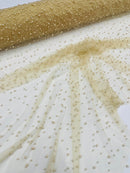 Heavy Scattered Pearls Studded Mesh Fabric| New Creations Fabric & Foam Inc. - New Creations Fabric & Foam Inc