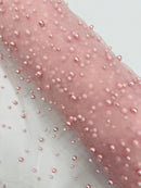 Heavy Scattered Pearls Studded Mesh Fabric| New Creations Fabric & Foam Inc. - New Creations Fabric & Foam Inc
