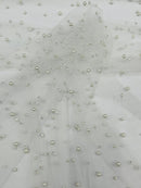 Heavy Scattered Pearls Studded Mesh Fabric| New Creations Fabric & Foam Inc. - New Creations Fabric & Foam Inc