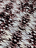 Hot Rod Tricot Holographic 4 Way Spandex with Black Red Flocking Flames Glitter Fabric - New Creations Fabric & Foam Inc