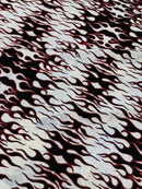 Hot Rod Tricot Holographic 4 Way Spandex with Black Red Flocking Flames Glitter Fabric - New Creations Fabric & Foam Inc