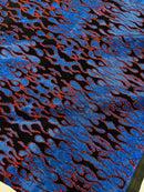 Hot Rod Tricot Holographic 4 Way Spandex with Black Red Flocking Flames Glitter Fabric - New Creations Fabric & Foam Inc