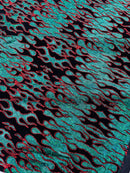 Hot Rod Tricot Holographic 4 Way Spandex with Black Red Flocking Flames Glitter Fabric - New Creations Fabric & Foam Inc
