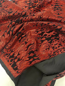 Hot Rod Tricot Holographic 4 Way Spandex with Black Red Flocking Flames Glitter Fabric - New Creations Fabric & Foam Inc