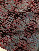 Hot Rod Tricot Holographic 4 Way Spandex with Black Red Flocking Flames Glitter Fabric - New Creations Fabric & Foam Inc