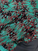 Hot Rod Tricot Holographic 4 Way Spandex with Black Red Flocking Flames Glitter Fabric - New Creations Fabric & Foam Inc