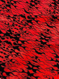 Hot Rod Tricot Holographic 4 Way Spandex with Black Red Flocking Flames Glitter Fabric - New Creations Fabric & Foam Inc