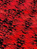 Hot Rod Tricot Holographic 4 Way Spandex with Black Red Flocking Flames Glitter Fabric - New Creations Fabric & Foam Inc