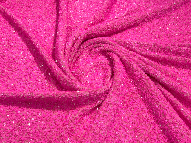 Glossy Hot Pink Sequin On A Pink Stretch Velvet Fabric 5mm,58 Inches wide /Prom/ Sold By The Yard.