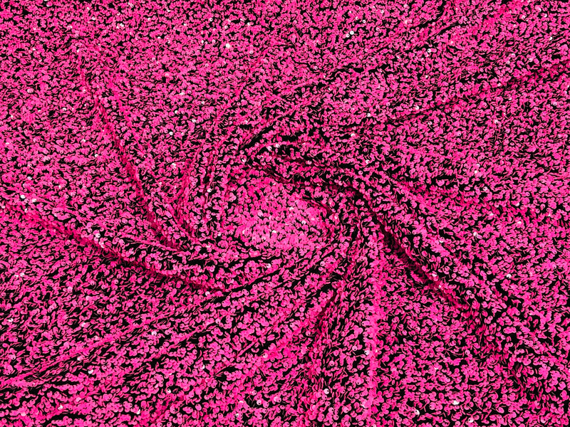 Glossy Hot Pink Sequin On A Black Stretch Velvet Fabric 5mm,58 Inches wide /Prom/ Sold By The Yard.