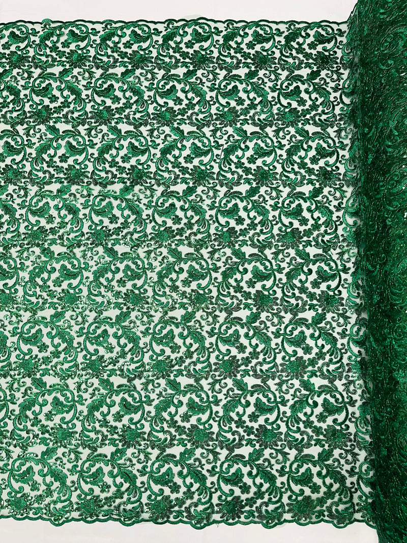 Hunter Green Angela Metallic corded embroider flowers with sequins on a mesh lace fabric-prom-sold by the yard.