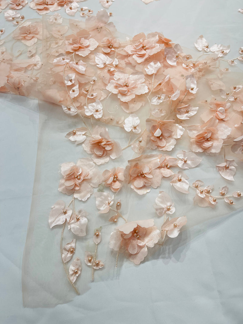 3D Multi-layers Floral Lace, Vintage Pink Light Pink Flower Lace Fabric,  Faux Pearls Beaded, Heavily Beaded Gold Sequins for Prom Dress -  Hong  Kong