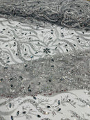 JEWEL VINE BEADED LACE ON MESH FABRIC (By The Yard) - New Creations Fabric & Foam Inc