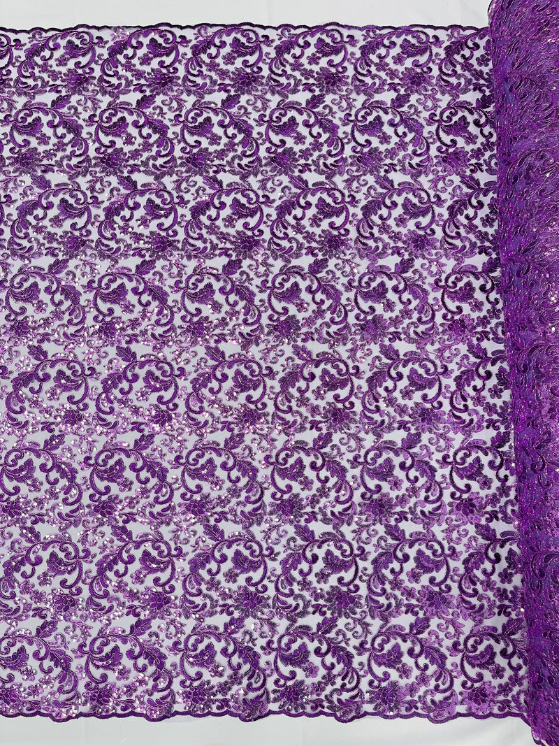 Lavender Angela Metallic corded embroider flowers with sequins on a mesh lace fabric-prom-sold by the yard.