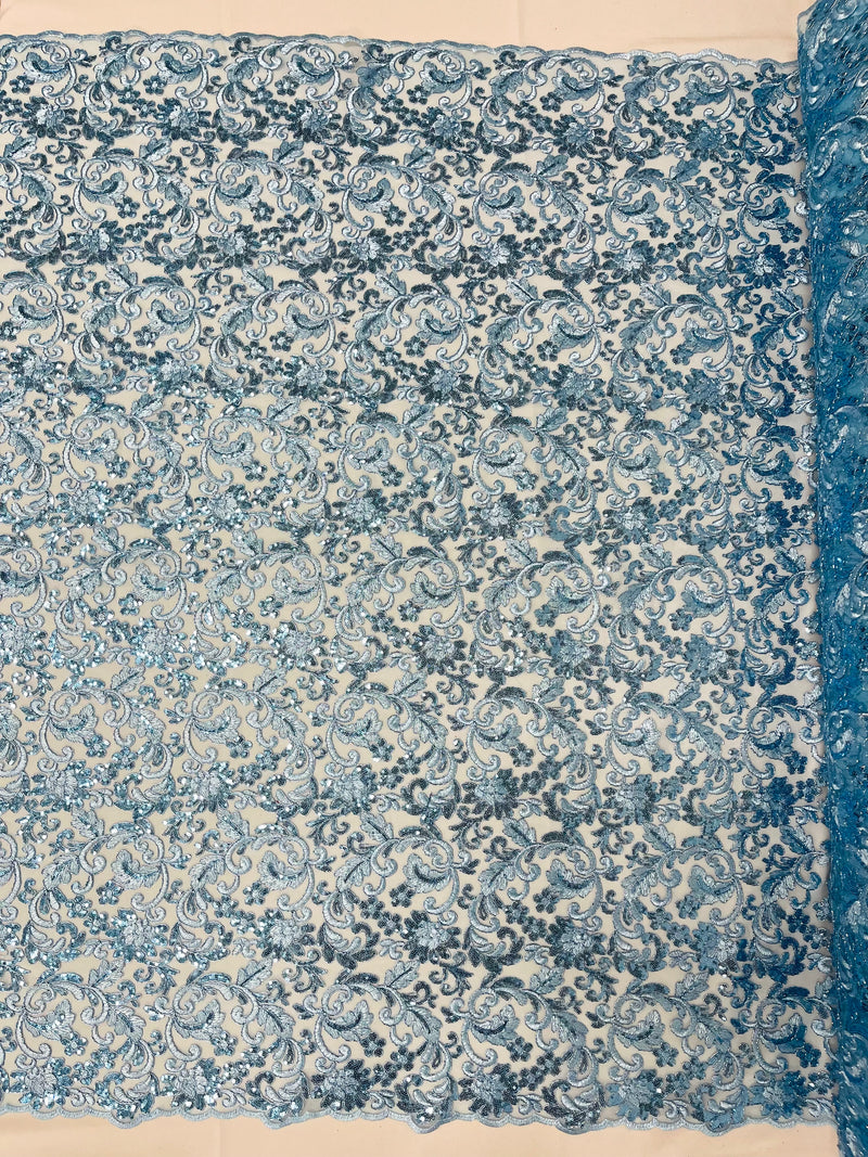 Light Blue Angela Metallic corded embroider flowers with sequins on a mesh lace fabric-prom-sold by the yard.