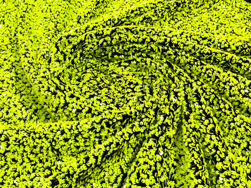 Glossy Lime Green Sequin On A Black Stretch Velvet Fabric 5mm,58 Inches wide /Prom/ Sold By The Yard.