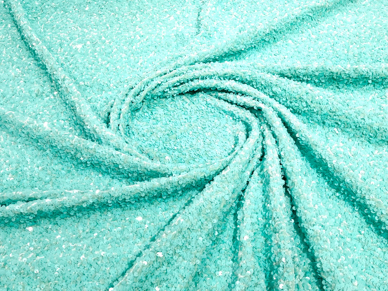 Glossy Mint Sequin On A Stretch Velvet Fabric 5mm,58 Inches wide /Prom/ Sold By The Yard.