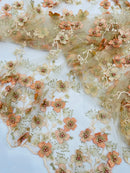 Multi Color 3D Floral Design Embroider with Pearls in a Mesh Lace Fabric| New Creations Fabric & Foam Inc. - New Creations Fabric & Foam Inc