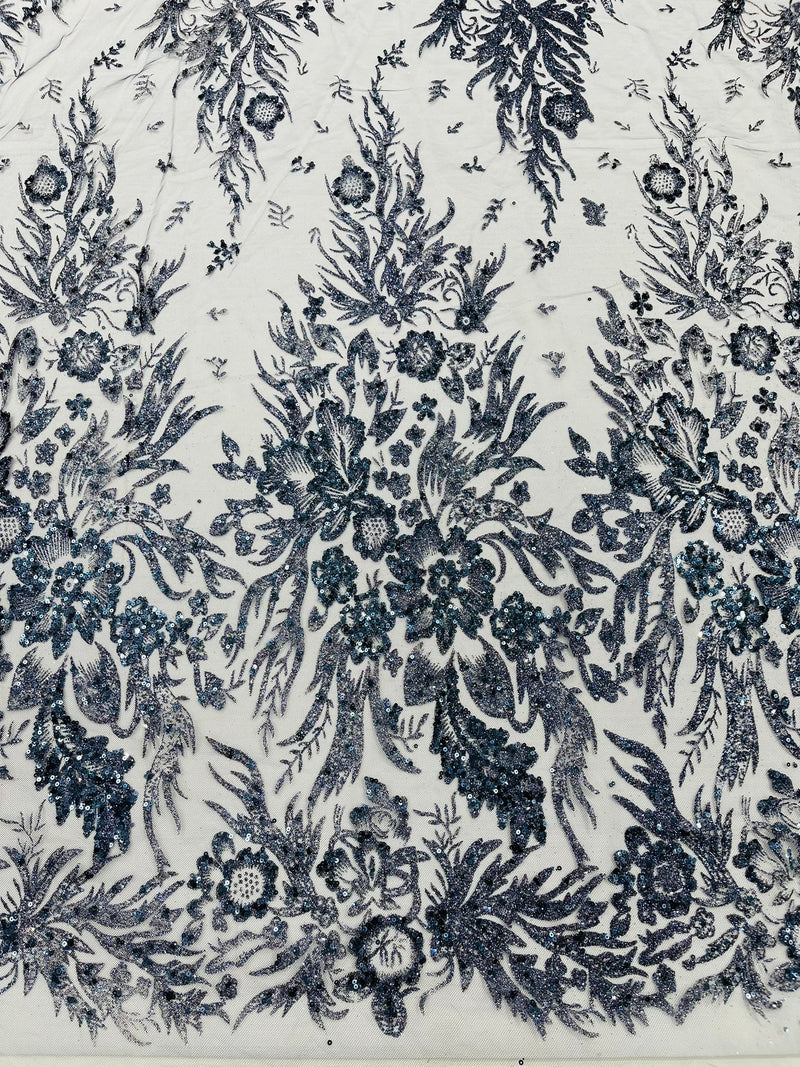 Big Glitter Damask Design On A Mesh Lace Fabric/Prom/Sold By The Yard