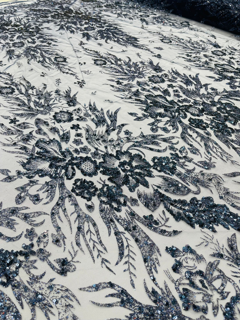 Big Glitter Damask Design On A Mesh Lace Fabric/Prom/Sold By The Yard