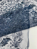 Big Glitter Damask Design On A Mesh Lace Fabric/Prom/Sold By The Yard