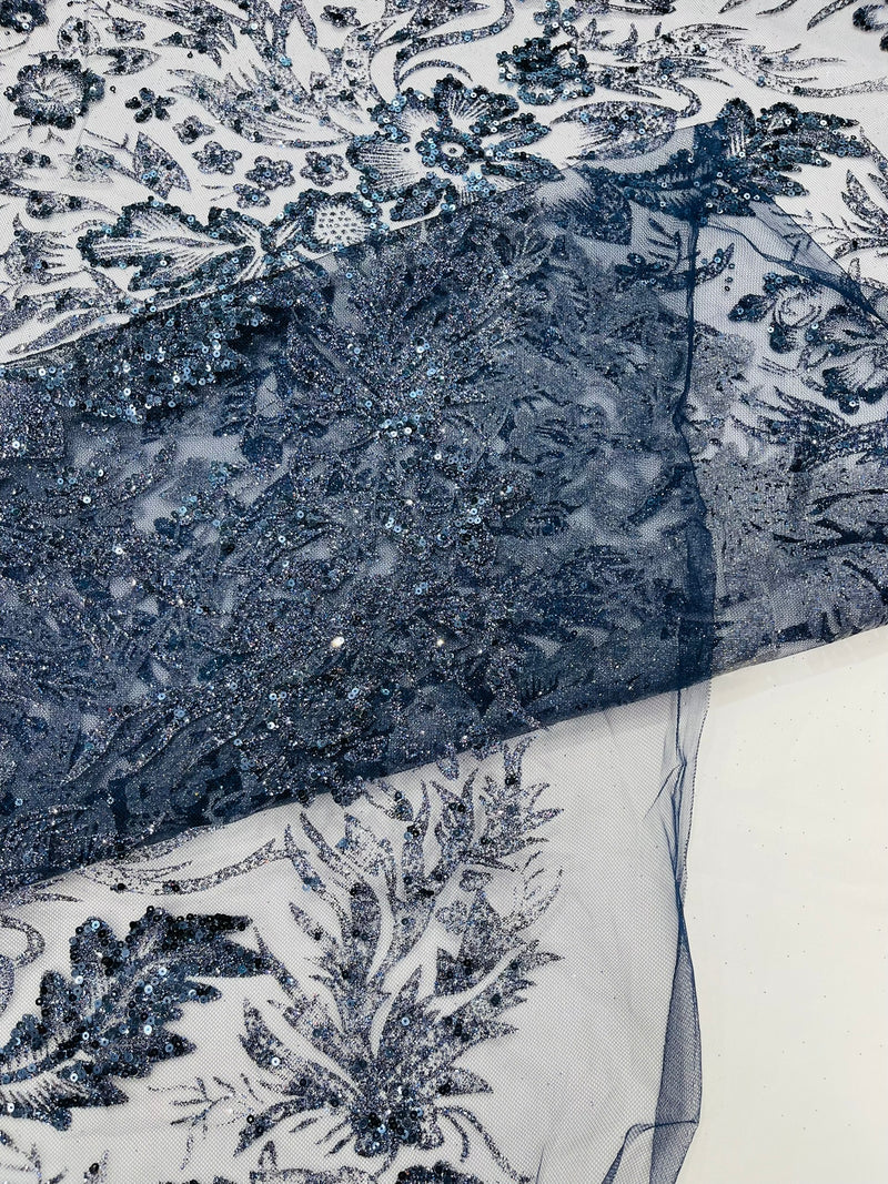 Big Glitter Damask Design On A Mesh Lace Fabric/Prom/Sold By The Yard