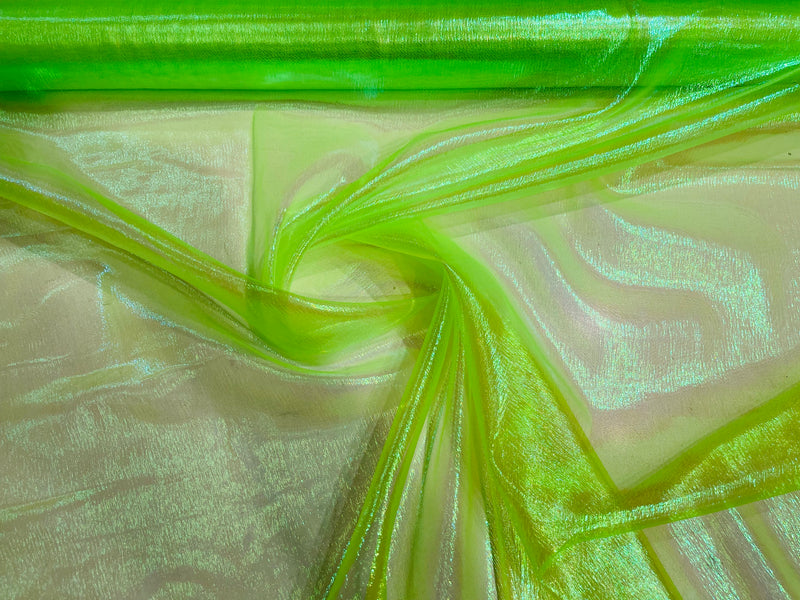 Neon Lime Solid Crush Iridescent Shimmer Organza Fabric 45" Wide, Sold by The Yard.