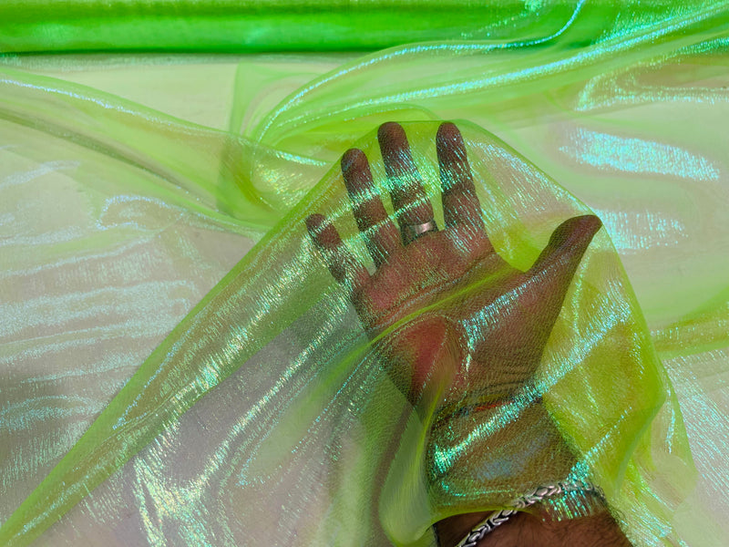 Neon Lime Solid Crush Iridescent Shimmer Organza Fabric 45" Wide, Sold by The Yard.