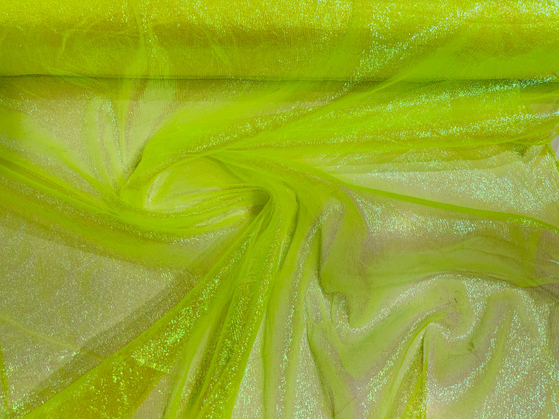 Neon Yellow Solid Crush Iridescent Shimmer Organza Fabric 45" Wide, Sold by The Yard.