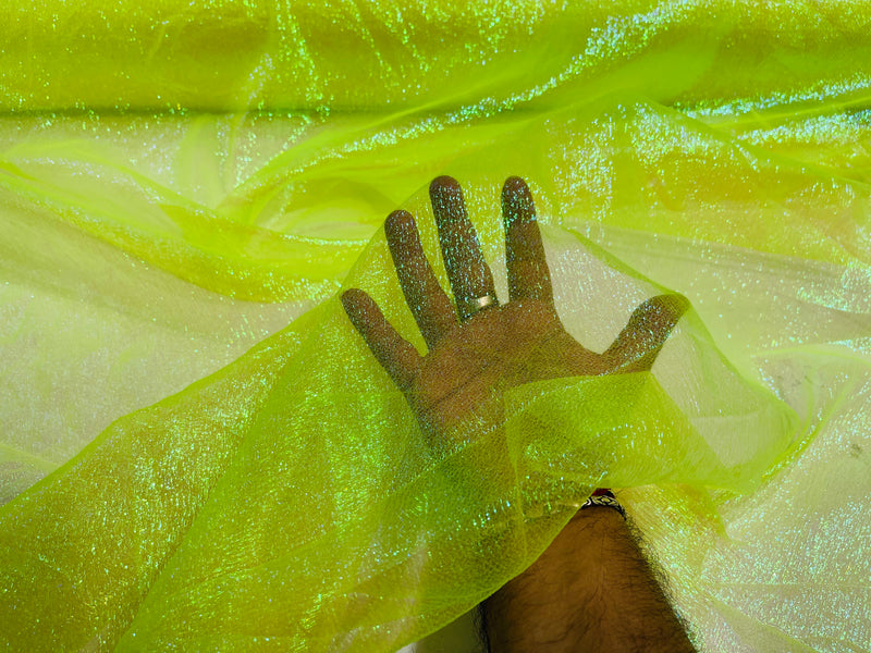 Neon Yellow Solid Crush Iridescent Shimmer Organza Fabric 45" Wide, Sold by The Yard.