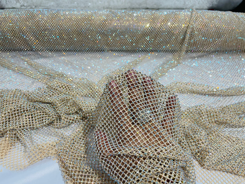 Nude Fish Net Fabric Soft Stretch 45" Wide AB Iridescent Rhinestones-sold by The Yard.