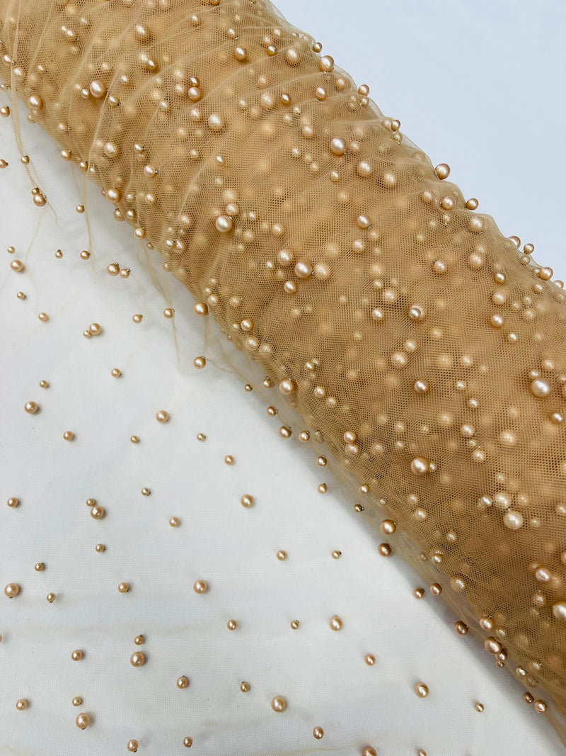 Heavy Scattered Pearls Studded Mesh, 2-Way Stretch, sold by the yard.