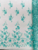 Orquidia 3d floral design embroider with pearls in a mesh lace fabric - prom - sold by the yard. - New Creations Fabric & Foam Inc
