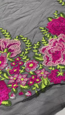 Roses Multi Color Floral Design Embroider On Mesh Lace Fabric (by the yard)