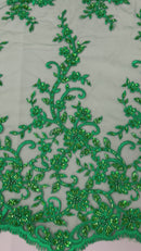 BIG FLORAL DAMASK BEADED MESH LACE FABRIC (By The Yard)