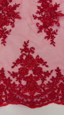 FLORAL DAMASK BEADED LACE ON MESH FABRIC (By The Yard)